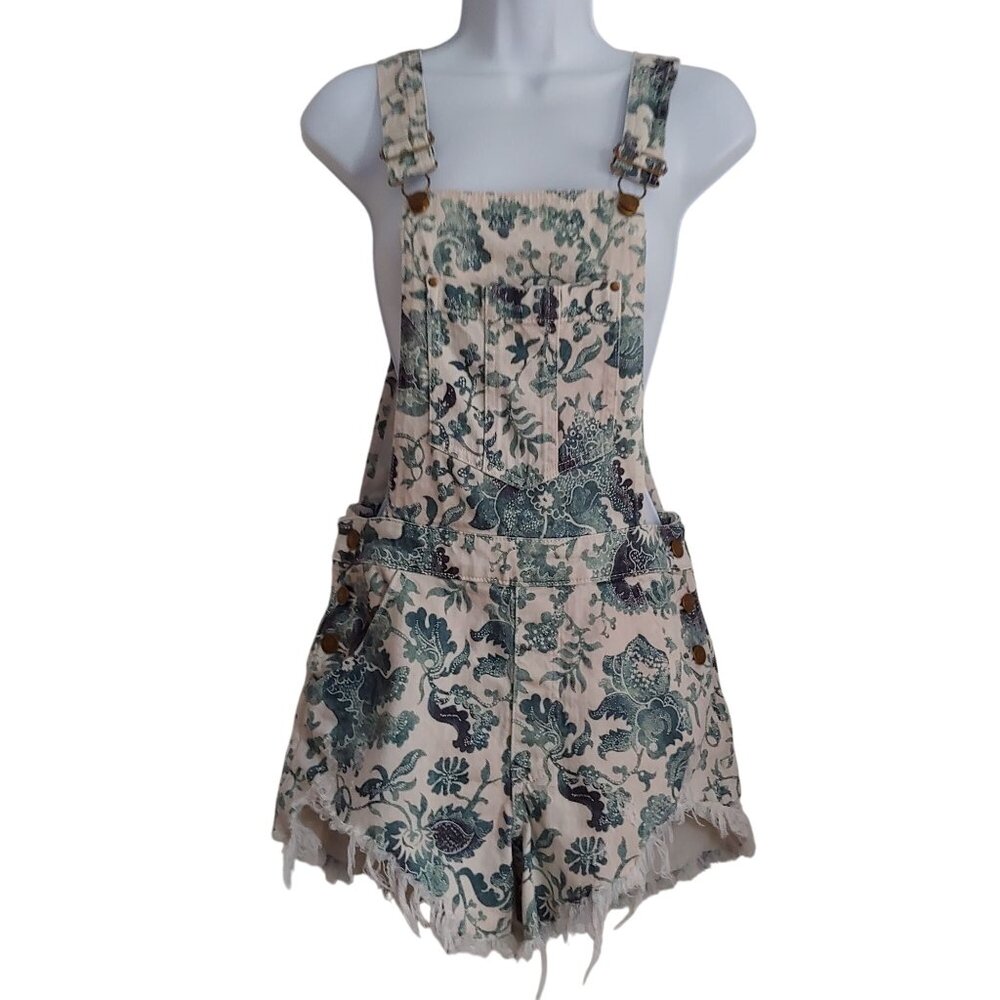 Anthropologie Pilcro Raw Hem Botanical Overall Shorts 27 Boho Cottage Romper Y2k